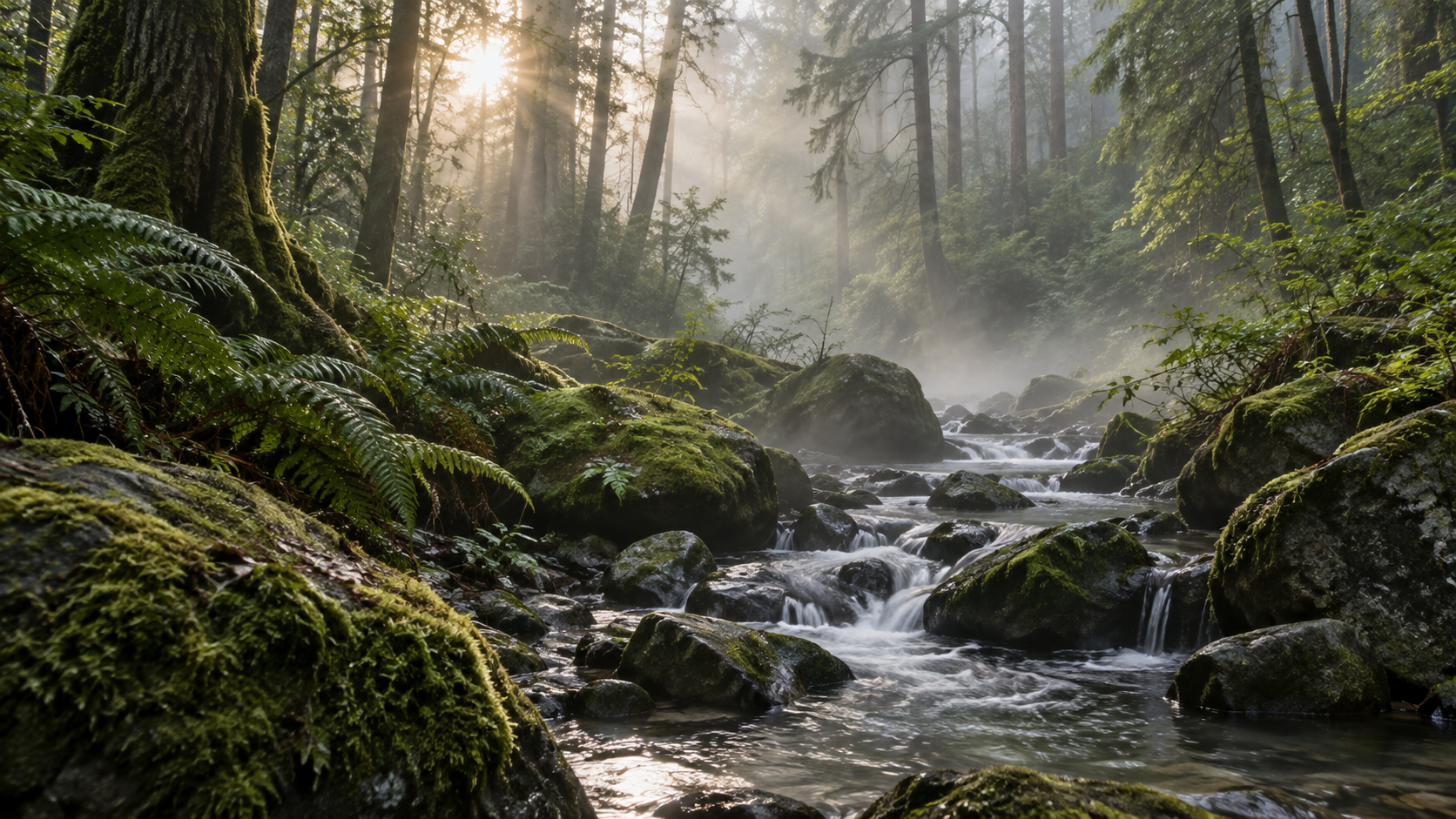 Ruisseau traversant une forêt humide et moussue